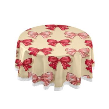 Imagem de SEHANY Toalha de mesa redonda com laço rosa de 152 cm, tecido lavável sem rugas, toalha de mesa decorativa de renda para restaurante, casamento, acampamento, festa de cinco de maio