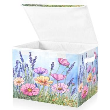 Imagem de Blueangle Caixas de armazenamento dobráveis 1 pacote, lindas cestas de armazenamento de flores silvestres em aquarela com tampas e alça para casa, quarto, armário e escritório (14)