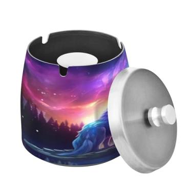 Imagem de Blueangle Cinzeiro de lobo Aurora Boreal com tampa para cigarros, à prova de vento/chuva, aço inoxidável, sem fumaça, inodoro, cinzeiro para uso interno ou externo (161)