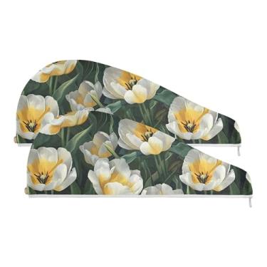 Imagem de SEHANY Toalha de cabelo de microfibra de flores coloridas elegantes para mulheres, 2 peças, turbantes de cabelo de secagem rápida com botão, touca de cabelo seco absorvente toalha de secagem de cabelo