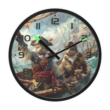 Imagem de SEHANY Relógio de parede engraçado de gato pirata, silencioso, sem tique-taque, operado por bateria, controle de som, luz noturna, relógios de parede para sala de estar, cozinha, quarto, escritório