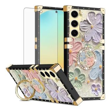 Imagem de Asuwish Capa de celular para Samsung Galaxy S24 FE 5G capa magnética com protetor de tela de vidro temperado e anel protetor de flor de pintura suporte rígido S 24 EF AI S24FE 24S 24FE mulheres