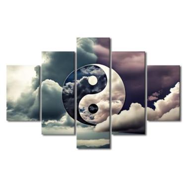 Imagem de Arte de parede em tela grande Yin Yang entre nuvens design esticado quadro emoldurado conjunto de cinco peças meditação espaço decoração arte inspirada em zen pronto para pendurar 152 cm L x 101 A