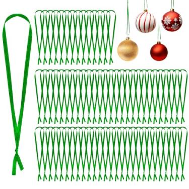 Imagem de Cabides de fita de enfeite de Natal, 100 peças de ganchos de enfeite de Natal, cordão para árvore de Natal, cordão verde fino amarrado à mão, enfeite de fita para decoração de festa de Natal