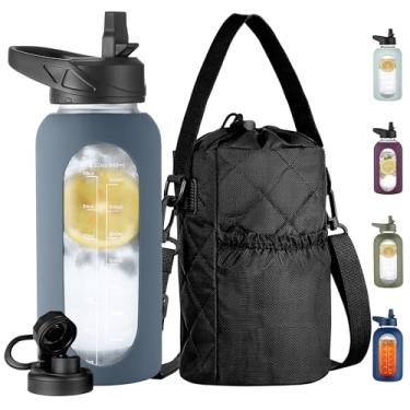 Imagem de CIVAGO Garrafa de água de vidro de 947 ml com canudo e suporte de garrafa isolado, jarro de água motivacional com marcador de tempo e manga de silicone, frasco de água com 2 tampas para caminhadas e