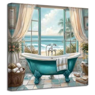 Imagem de LZIMU Arte de parede de banheiro azul-petróleo imagem de banheira azul pintura de janelas costeiras oceano praia turquesa impressão em tela rústica palmeiras pôster vista mar arte decoração de casa