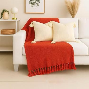 Imagem de Manta Capa para Sofá Gigante XGG 240x180 cm - 100% Algodão, Com Franjas, Proteção e Decoração Luxuosa para Sofá de Casal ou 3 Lugares (Laranja com listrado vermelho)