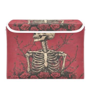 Imagem de CEBUGI Caixotes de armazenamento com tampas, caixa de armazenamento de tecido dobrável esqueleto rosa cubo organizador de armazenamento para armário de casa prateleiras de quarto 41,5 x 32,5 x 39,5 cm