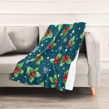 Imagem de Wassud Cobertores e mantas de Natal 152 x 228 cm, cobertor de folhas de azevinho e frutas vermelhas para sofá, cadeira, decoração de casa