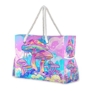 Imagem de Wassud Bolsa de praia colorida cogumelo grande bolsa de praia para mulheres, impermeável, à prova de areia, bolsa de viagem com zíper e bolso para piscina, academia, acampamento