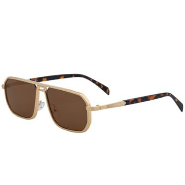 Imagem de Óculos de sol retrô de metal quadrado vazado feminino, moda masculina, clássico, para dirigir, viajar, pescar, UV400 (dourado, marrom)