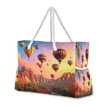 Imagem de Wassud Bolsa de praia com balões de ar quente voando grandes bolsas de praia para mulheres, à prova d'água, à prova de areia, bolsa de viagem com zíper e bolso para piscina, academia, acampamento