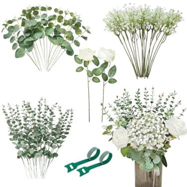 Imagem de SWEAMTING 50 peças de hastes artificiais mistas de eucalipto, decoração de casa de casamento e arranjos para buquês de flores artificiais para bebês