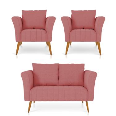 Imagem de Kit 01 Namoradeira 02 Lugares e 02 Poltronas Marilia Linho Whiski A106 Rose Pés Palito Castanho - D'Rossi