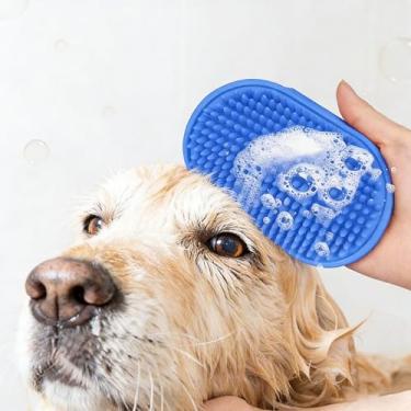 Imagem de Escova de banho para cães – azul, 1 pacote, escova de massagem de xampu de borracha macia para cães e gatos, alça ajustável, ferramenta de cuidados suaves para uso úmido ou seco
