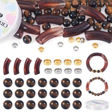Imagem de Magibeads Kits de fabricação de pulseiras DIY com 30 contas naturais de olho de tigre, 10 peças, tubo de contas de acrílico, 10 peças de contas europeias de latão Rondelle, 1 rolo de linha de cristal