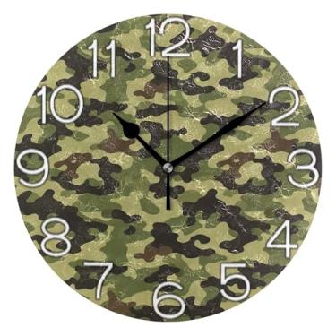 Imagem de Relógio de parede analógico decorativo quarto cozinha relógio operado por bateria silencioso, decoração de parede moderna para sala de estar, camuflagem clássica, verde, 25 cm, ponteiros pretos