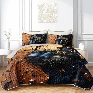 Imagem de AILONEN Conjunto de colcha Pantera Negra – Conjunto de cama king size preto e dourado – macio e leve – 3 peças de colcha acolchoada com animal leopardo selvagem com 2 fronhas