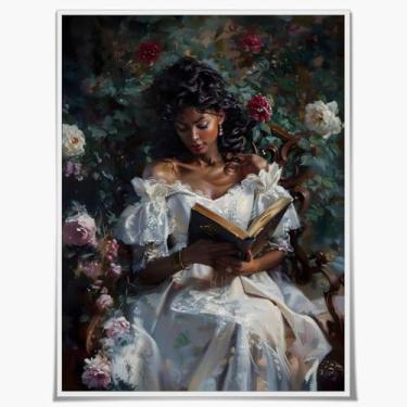 Imagem de Pôster de livro de leitura de retrato feminino vintage arte de parede de mulher negra pintura a óleo vitoriana temperamental impressão em tela afro-americana arte clássica de biblioteca para sala de