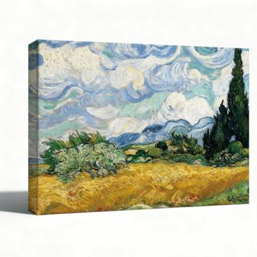 Imagem de Arte de parede em tela, pintura a óleo, arte de parede, decoração de paisagem, campo de trigo e cipreste para sala de estar, quarto, escritório, arte clássica em tela natural do campo, 20 x 25 cm
