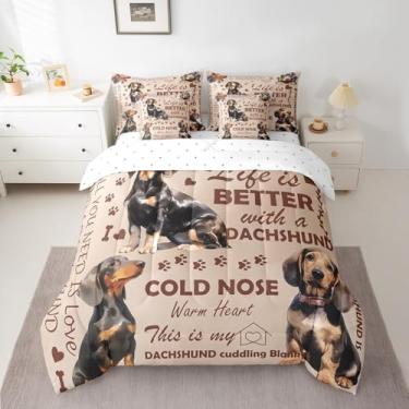 Imagem de jejeloiu Jogo de cama Queen com edredom Dachshund para crianças, animais de estimação, 7 peças, para meninos, meninas, adolescentes, para todas as estações, respirável, macio, leve e marrom, decoração