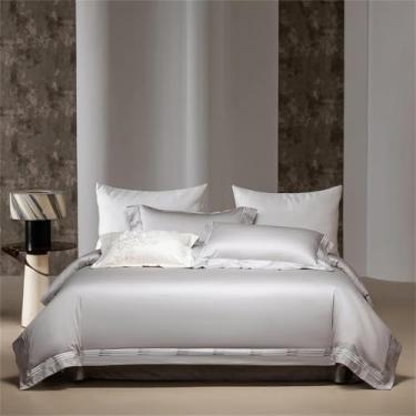 Imagem de Jogo de cama de algodão egípcio estilo hotel, cor sólida, 4 peças, capa de edredom, lençol de cima/com elástico e fronhas, cinza claro, tamanho Queen (200x230cm).