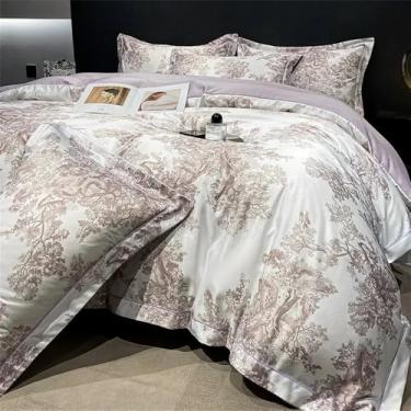 Imagem de Jogo de cama de fibra natural macia e sedosa com estampa de floresta, incluindo capa de edredom, lençol e fronhas, na cor roxa, tamanho 150x200cm (4 peças).