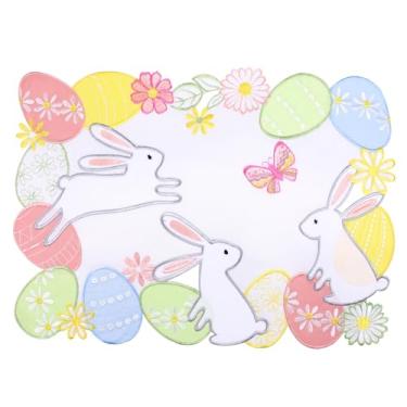 Imagem de Jogo americano de Páscoa, conjunto de 4 ovos de coelho brancos bordados, coelhos com recorte colorido, flor de primavera, margarida, grama, sálvia, decorações sazonais para mesa de café de jantar