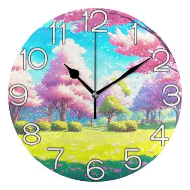 Imagem de GAIGEO Relógio de parede decorativo analógico escritório cozinha relógio estético silencioso sem tique-taque, arte de parede moderna legal decoração de casa, flor floral rosa árvore verde, 25 cm