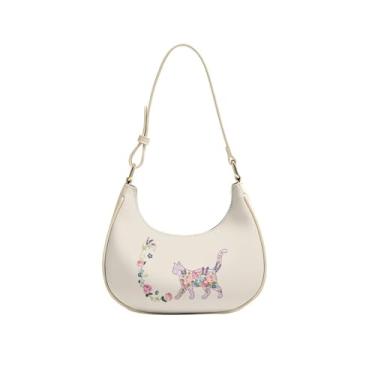 Imagem de Jolamirel Bolsa de ombro feminina com estampa floral animal Y2K bolsa crescente bolsas de couro axilas para festas de casamento e viagens, Gato de flor rosa