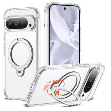 Imagem de RIASOLIN Capa compatível com Google Pixel 10 Pro XL com suporte de anel invisível giratório de 360°, compatível com Mag-Safe, capa de telefone transparente 9 Pro XL com ótima sensação de aderência