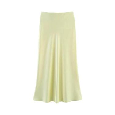 Imagem de Saia Midi De Cetim Preta De Cintura Alta Para Mulheres, Elegante, Long