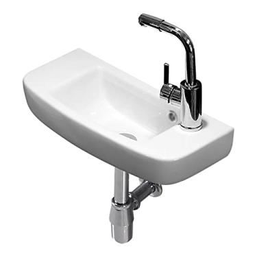 Imagem de CZCZC Lavatório de parede de banheiro branco para banheiro pequeno para banheiro pequeno, mão direita/esquerda, com torneira e ralo pia de banheiro