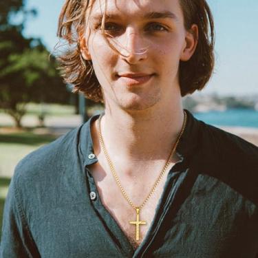 Imagem de Colar de cruz masculino 40,6 cm - 56 cm - pingente de cristão de aço inoxidável banhado a ouro 18 quilates/preto/prata delicada, não mancha, presente de aniversário personalizado, 12#, Aço inoxidável