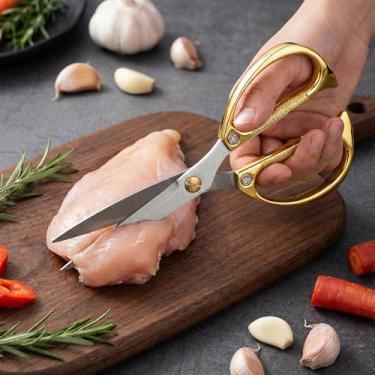 Imagem de Tesoura de cozinha japonesa, multiuso, banhada a liga resistente, tesoura multiuso para cozinhar e ervas com borda micro serrilhada, ouro