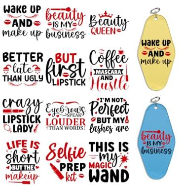 Imagem de Elewins 24 peças de adesivos de transferência UV DTF com citações Mackup para etiquetas de chaveiro de motel, decalques autoadesivos UV DTF de alta viscosidade para chaveiros de hotel de acrílico