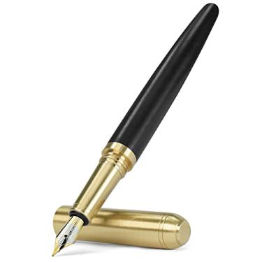 Imagem de FULNES Canetas-tinteiro de madeira feitas à mão, caneta-tinteiro vintage, ponta média, inclui 4 cartuchos de tinta e conversor de refil de tinta (ébano)