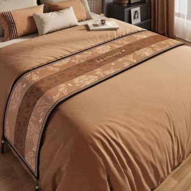 Imagem de HSTANGKY Lençol de cama de hotel corredor de cama luxuoso elegante marrom protetor de cama toalha de pé lavável para cama de casal queen king size 6||50 x 180 cm para cama de 1,2 m