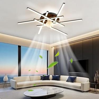 Imagem de Ventilador de teto moderno com luzes, controle remoto e aplicativo, 6 velocidades, reversível, silencioso, estilo lustre, dimerizável, timer, luz noturna e função de memória para sala de est