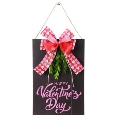 Imagem de Fiwochic Sinal de guirlanda de madeira para Dia dos Namorados, Feliz Dia dos Namorados, letreiro para pendurar porta de madeira com laço, decoração de parede rústica de casa de fazenda, cabide de