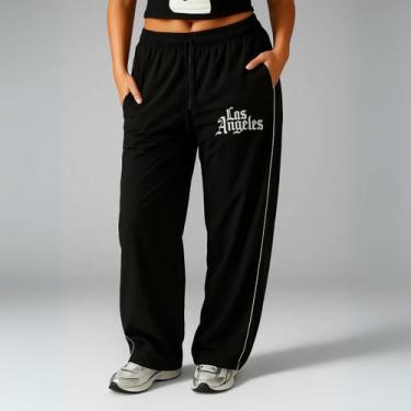 Imagem de Calça Feminina Reta Larga Preta com Estampa Los Angeles - Tecnossport,