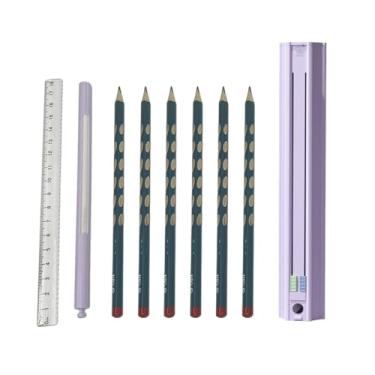Imagem de Estojo de lápis para meninas, caixa de lápis fofa hexagonal com 6 lápis, suporte de caneta multifuncional, design de caixa de papelaria push-pull com régua e apontador de lápis removível e