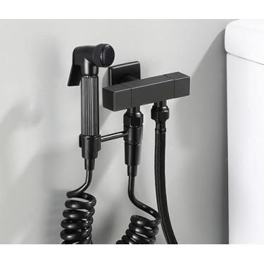 Imagem de Bidê preto fosco chuveiro latão sólido portátil bidê pulverizador para vaso sanitário única água fria chuveiro válvula de canto torneiras bidê (FXF01-SJR)