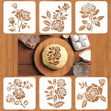 Imagem de Guduling 6 peças de estênceis de massa fermentada para pão, estênceis artesanais de pão para fermento, estênceis reutilizáveis para bolo, café, designs fáceis de polvilhar para açúcar em pó e farinha