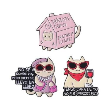 Imagem de Broche De Metal Esmaltado Com Citação Espanhola E Gato Com Óculos De S