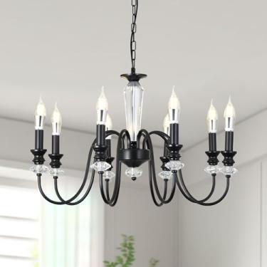 Imagem de Lustre preto, lustre de vela de fazenda com 8 luzes para sala de estar, lustres pendentes industriais rústicos para sala de jantar, luminária suspensa de cristal vintage para hall de entrada de
