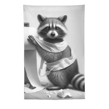 Imagem de Tapeçaria de papel higiênico guaxinim para banheiro preto e branco impressão artística para quarto sala de estar dormitório decoração de casa com design de animal de estimação selvagem brincalhão