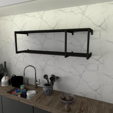 Imagem de Prateleira Industrial Suspensa Estante Parede Nicho Preto Ferro E Madeira Suporte Pratileira