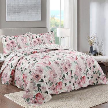 Imagem de Kit Cobre Leito Colcha Daily Queen 3 Peças Dupla Face Estampado Floral - Sirlene Palha
