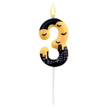 Imagem de Vela de Aniversário com Número de Morcego, Vela Aniversário com Tema Herói Decoração Topo Bolo Morcego para Meninos e Meninas Halloween Tema Desenho Animado (Número 3)